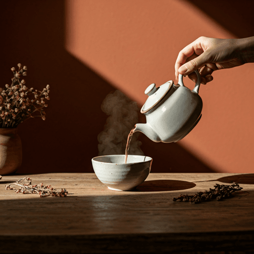 Préparation de tisane : mains versant du thé