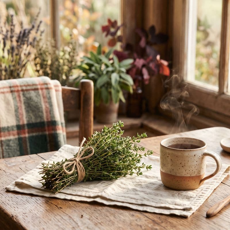 Un bouquet de thym frais lié par une ficelle posé sur une table en bois ensoleillée à côté d'une tasse.