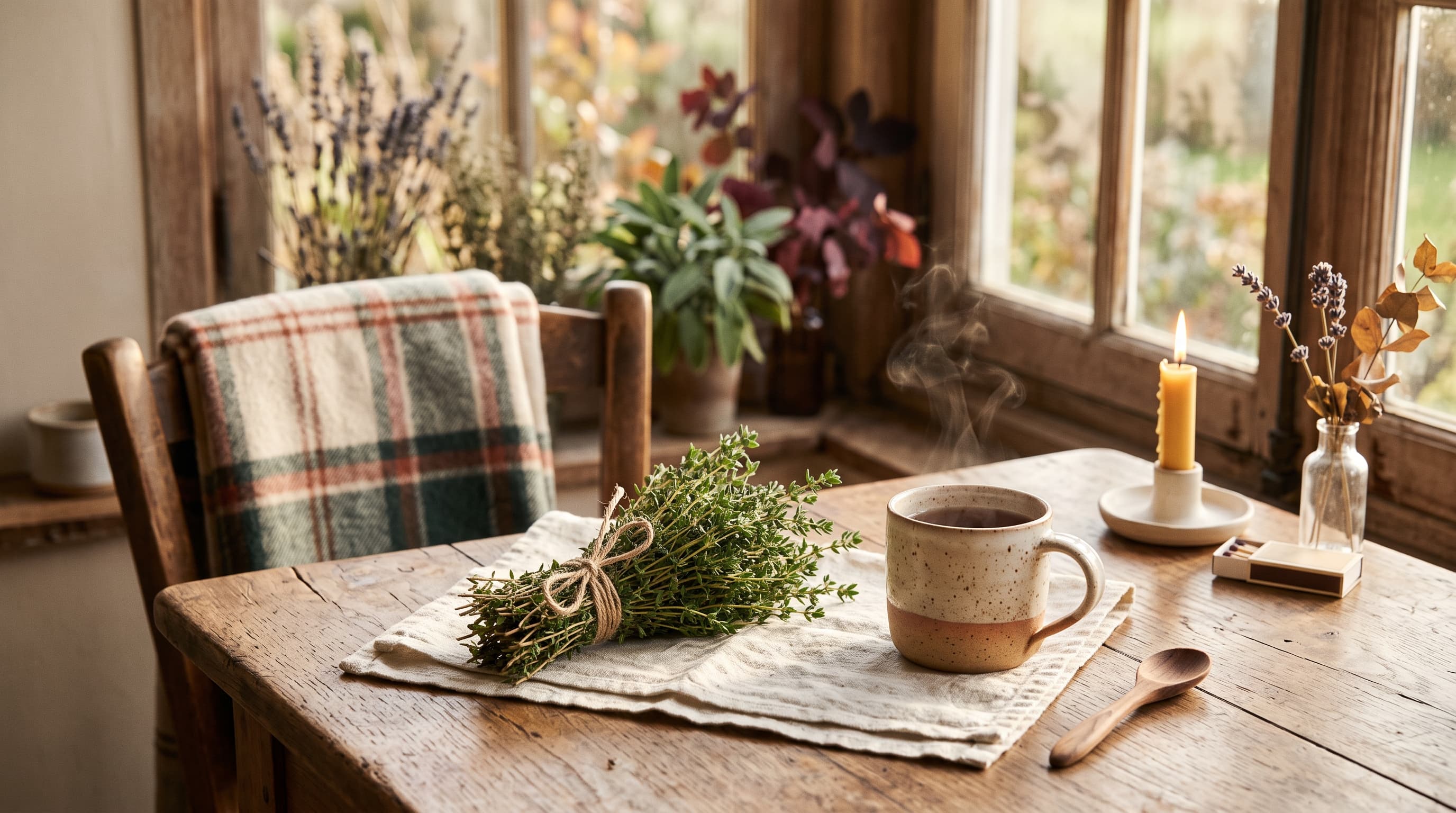 Un bouquet de thym frais lié par une ficelle posé sur une table en bois ensoleillée à côté d'une tasse.