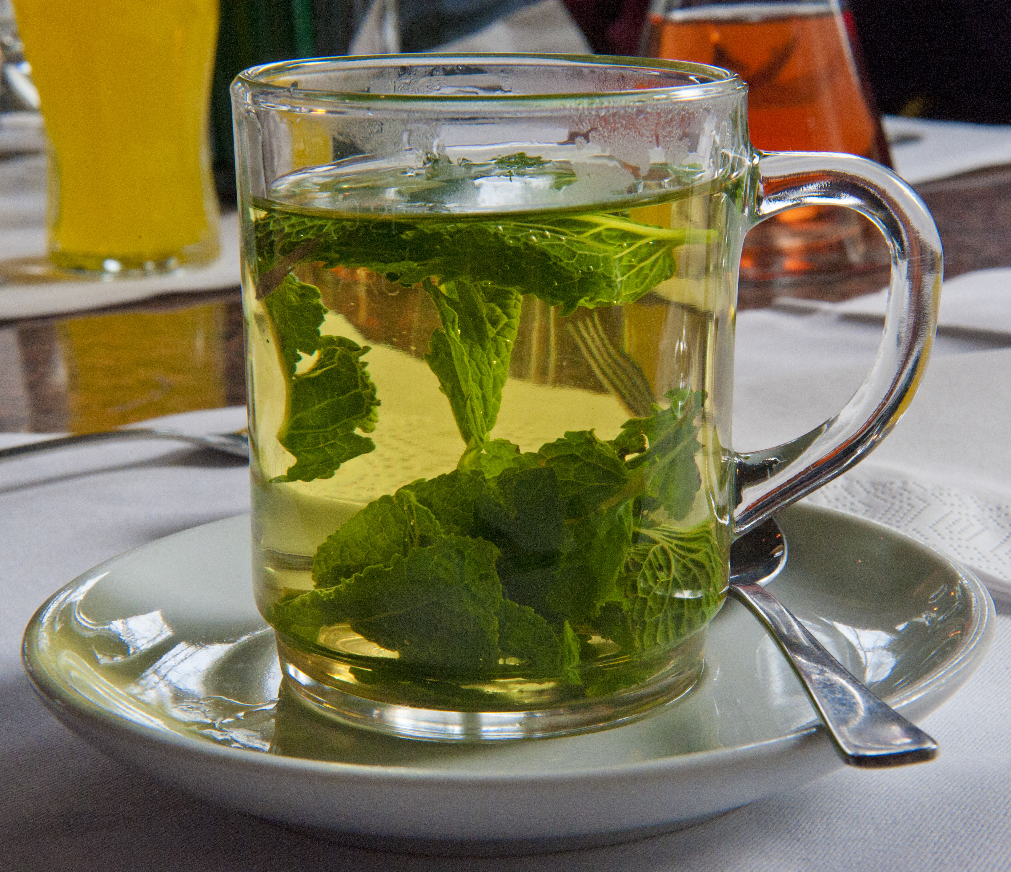 Le verre de tisane de menthe, feuilles fraiches en infusion